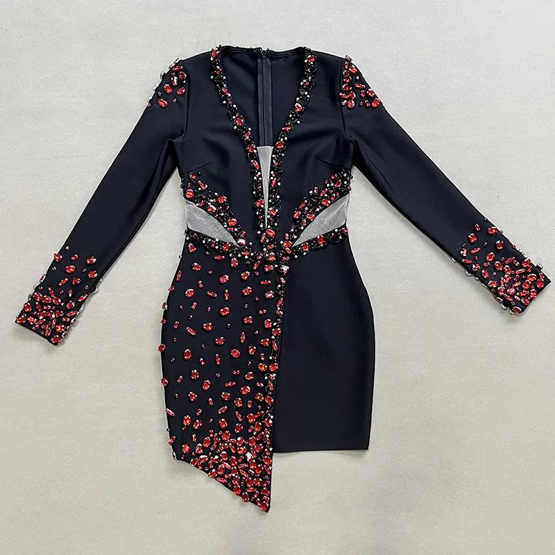 Trending Now Black Winter Long Sleeve Bandage Dress Beading Elegant Rhinestone Dresses Women