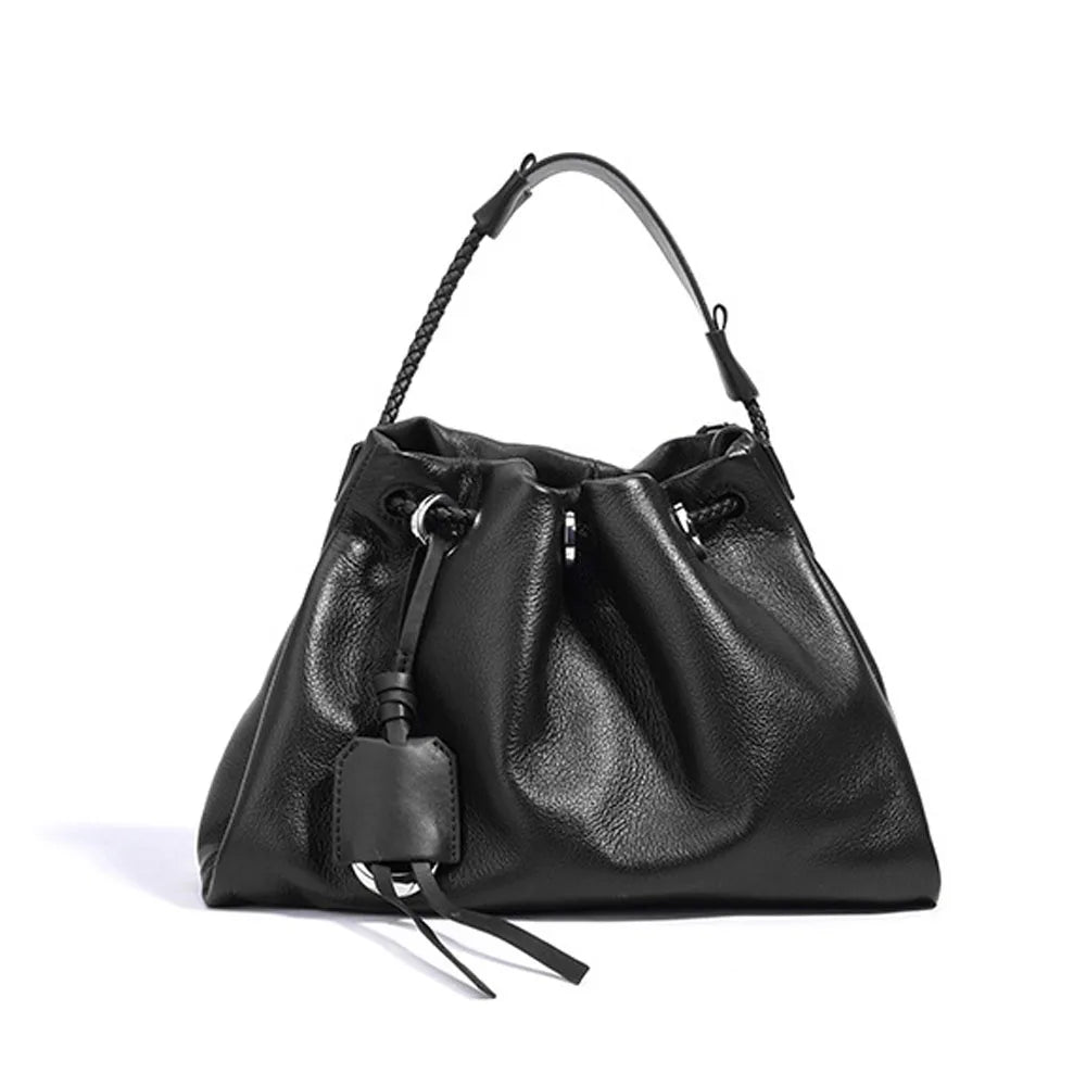 New High Quality Leather Drawstring Women's Purse Handbags Luxury Genuine Cowhide Leather Shoulder Crossbody Bags for Women