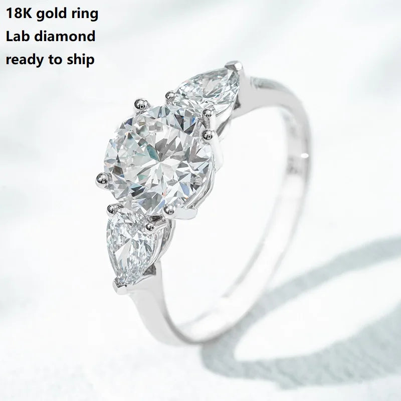 MomentWill 18K Real Gold Three Stone Design Jewelry Round Pear Lab Grown Diamond Hpht Certified Cvd Diamond Ring