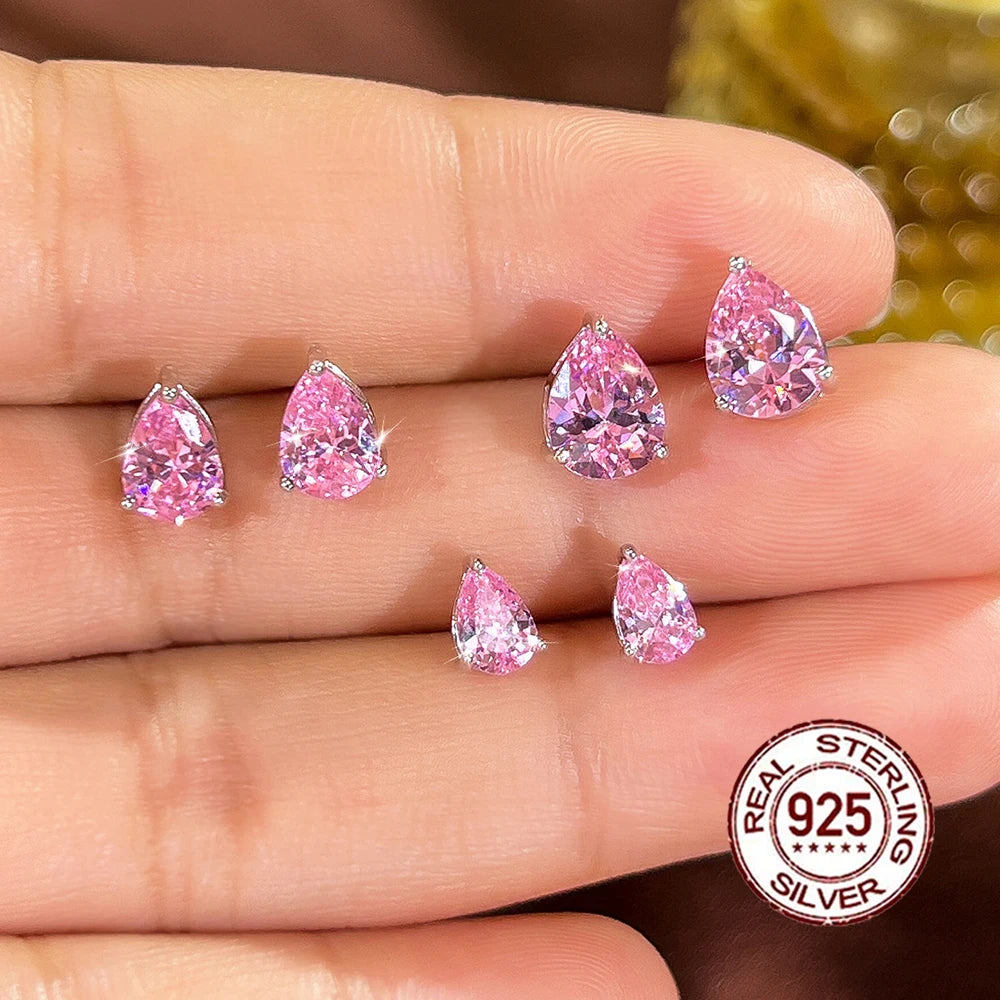 Brilliant Sterling Silver 925 Stud Earrings Zircon 8mm Big Water Drop Shape Pink Stud Earrings for Women Party Anniversary Gifts