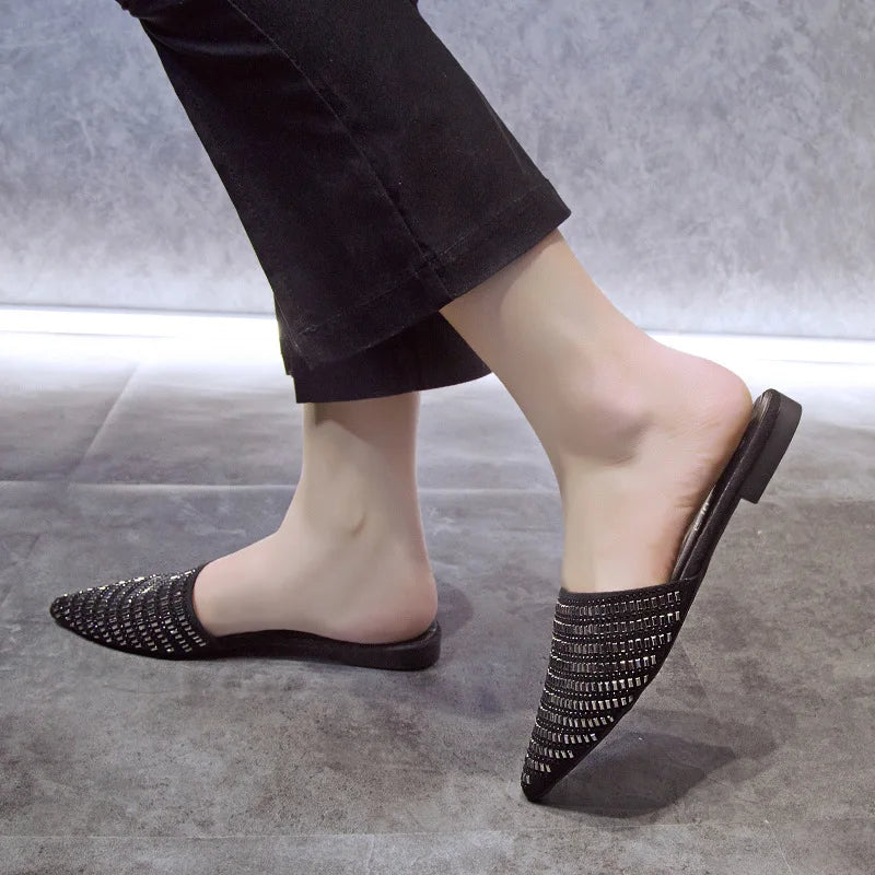Brand New Design Shiny Diamond Women's Flat Shoes Open Heel Simple Mueller Shoes Casual Lazy Ladies Shoes