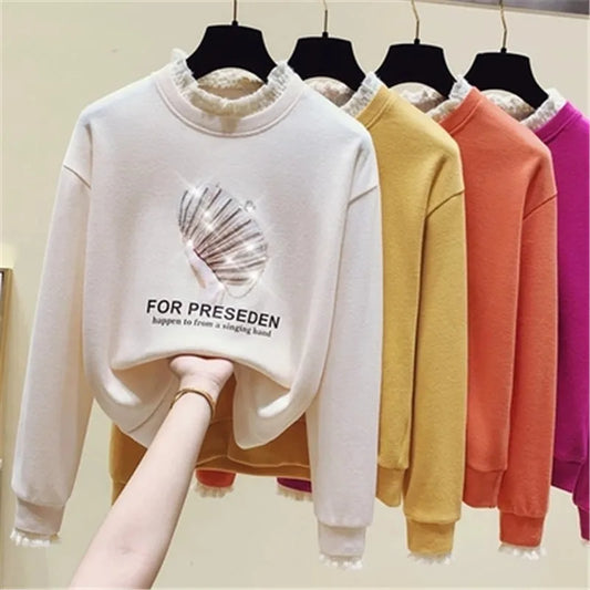 2025 Women Hoodies Fashionable  Long Sleeve Loose Hoodies Woman  Print O Neck Thick Pull Over Hoodies for Women