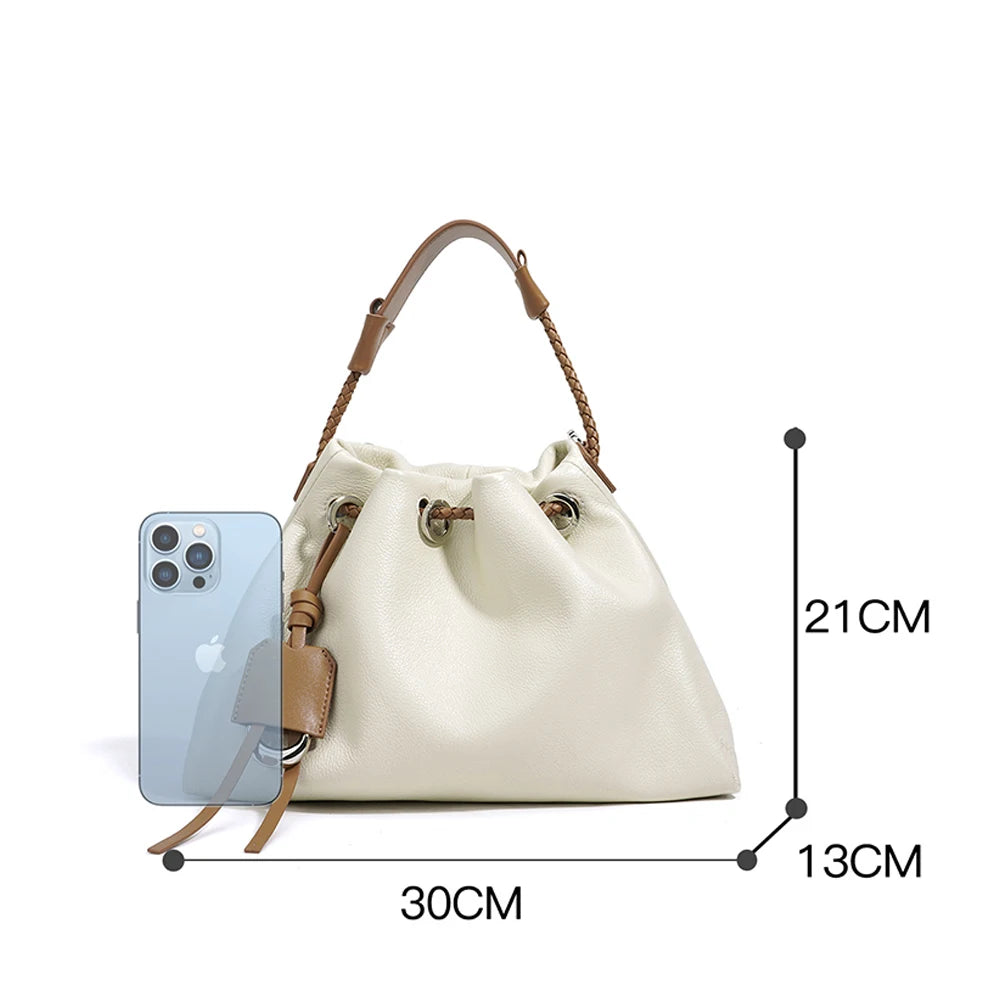New High Quality Leather Drawstring Women's Purse Handbags Luxury Genuine Cowhide Leather Shoulder Crossbody Bags for Women