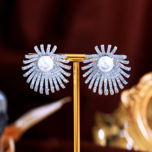 Dazzling White Cubic Zirconia Distinctive Design Imitation Pearl Big Stud Earrings for Women Appointment Engagement Jewelry