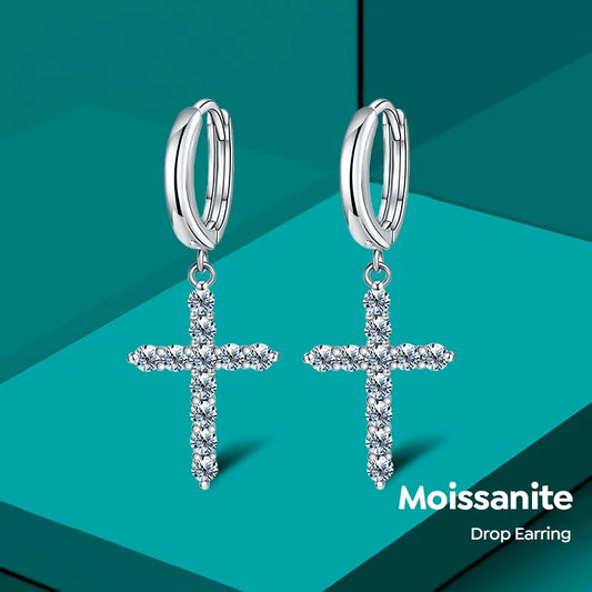 925 Sterling Silver 2mm Round Cut Moissanite Cross Jesus Earrings for Women Engagement Wedding Fine Jewelry