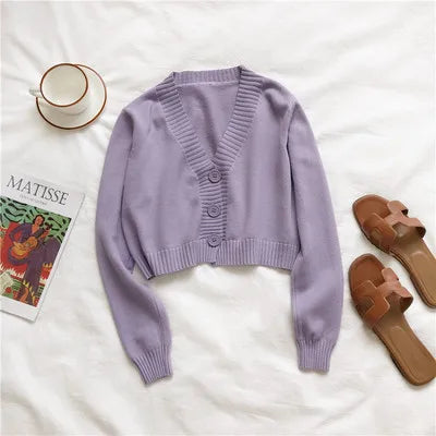 Korea Design Fashion Women's Sweet Style Sweater High Waist Long-sleeve V-neck Knitting Buttons Cardigan