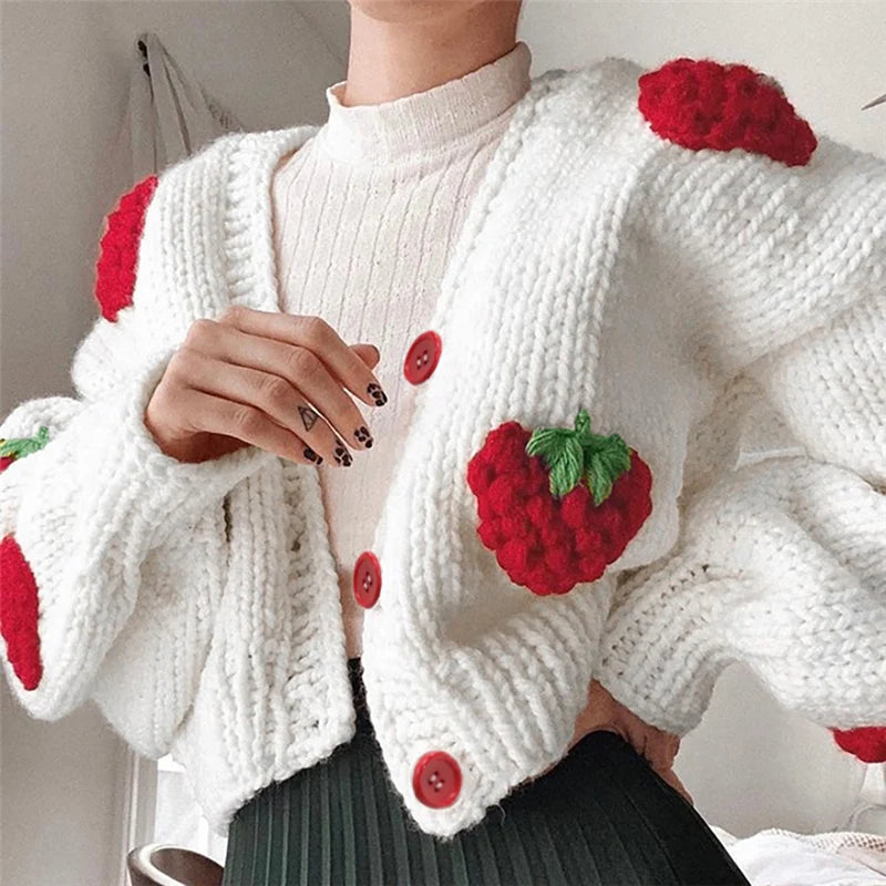 Strawberry Embroidery Cropped Sweater for Women Knit Cardigan Female Winter Autumn Long Sleeve Loose Flower Sweater