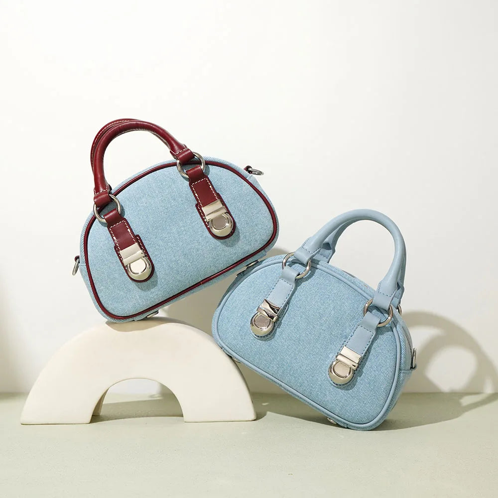 Women's Fashion Mini Crossbody Shoulder Bag New Denim Purses with Zipper Closure and Leather Handle