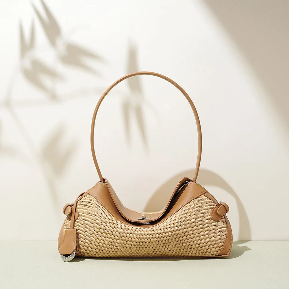 High Quality Genuine Leather Women's Handbag Casual Crossbody Sling Raffia Shoulder Bag PP Straw Fashionable Female Tote Bag