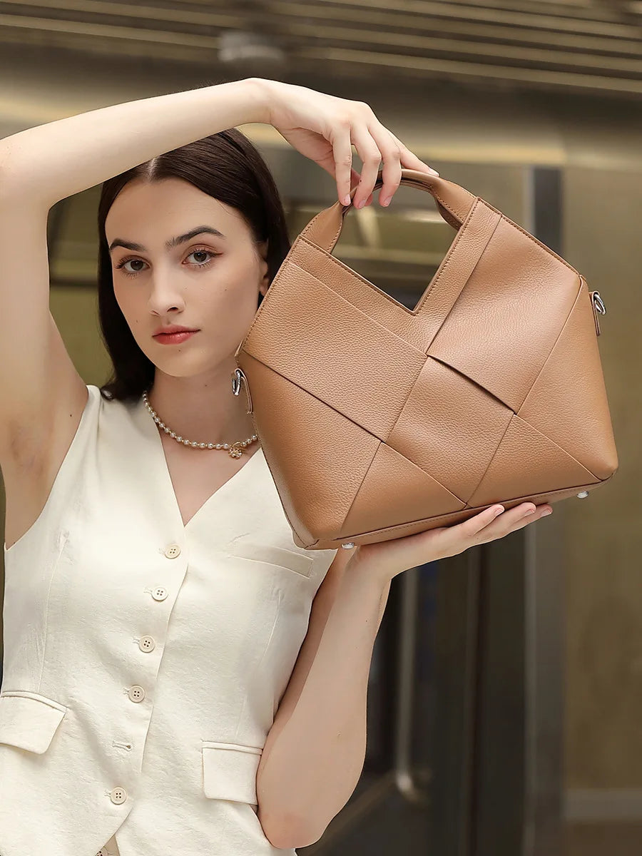 Genuine Cowhide Leather Female  Handbags Woven Crossbody Shoulder Totes for Women Open Closure Type for All seasons