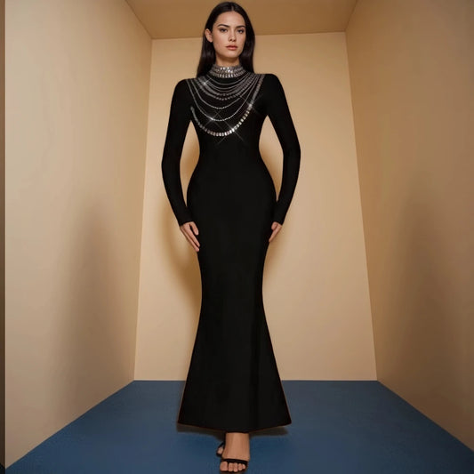 Bandage Dress Elegant Black Rhinestone Long Sleeve Mermaid Maxi Gown Women Party Dresses