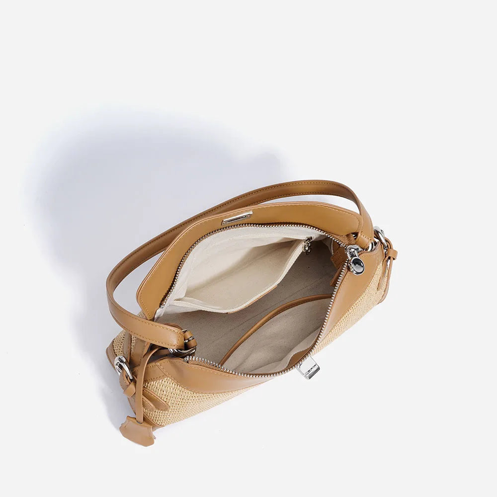 High Quality Genuine Leather Women's Handbag Casual Crossbody Sling Raffia Shoulder Bag PP Straw Fashionable Female Tote Bag