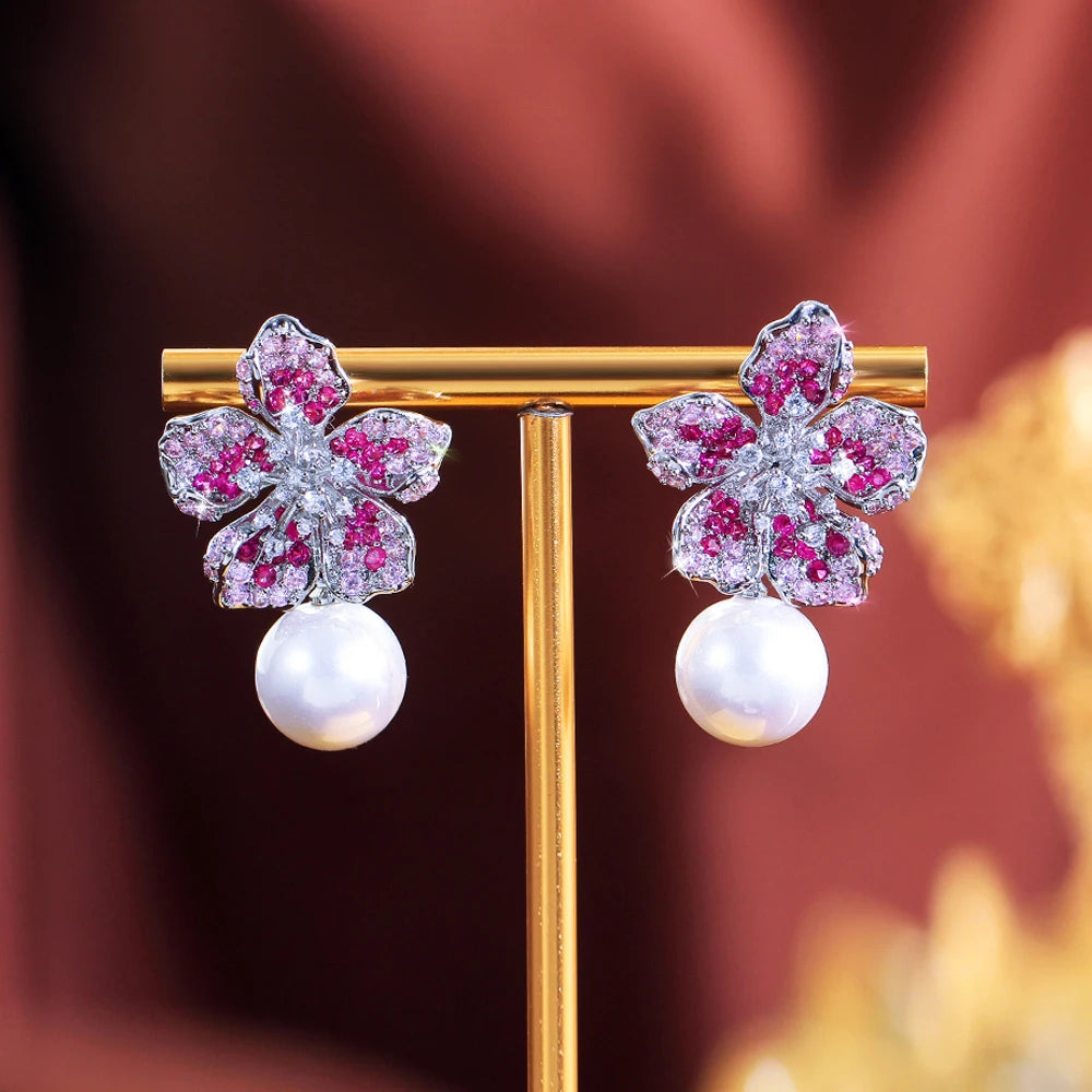 Delicate Shiny Pink Red Cubic Zirconia Big Simulated Pearl Long Flower Dangle Drop Earrings for Women Bridal Party Jewelry