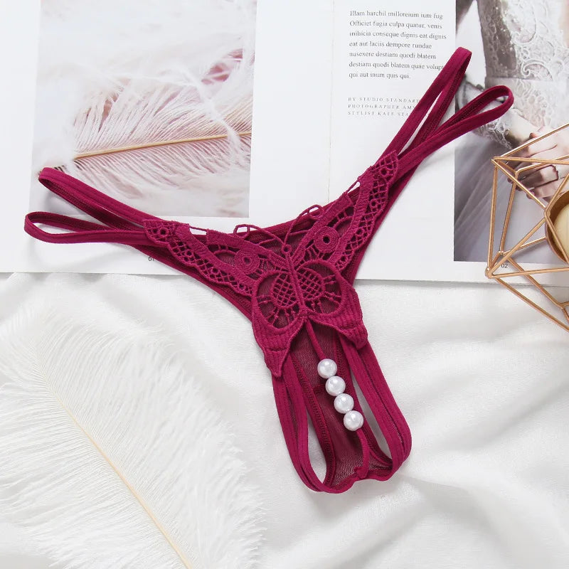 Women Embroidery Sexy Underwear Women's Transparent Temptation Pearl Massage T-Back Ultra-Thin See-through Thong