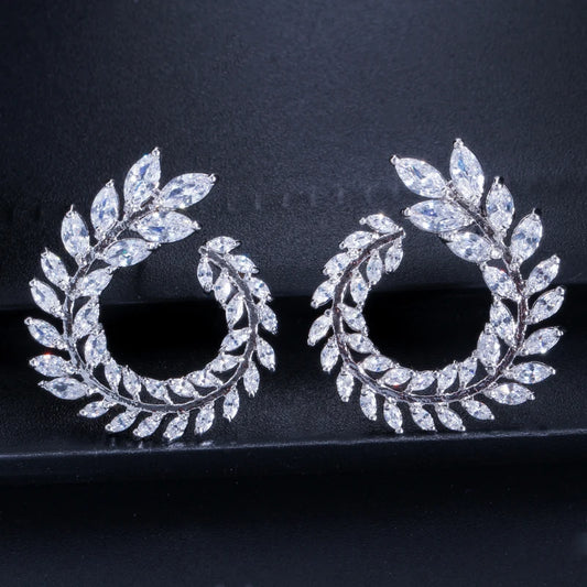 Sparkly White Olive Branch Leaf Shape Marquise Cut Big Cubic Zirconia Paved Stud Earring for Women Fashion Brand Wedding Jewelry