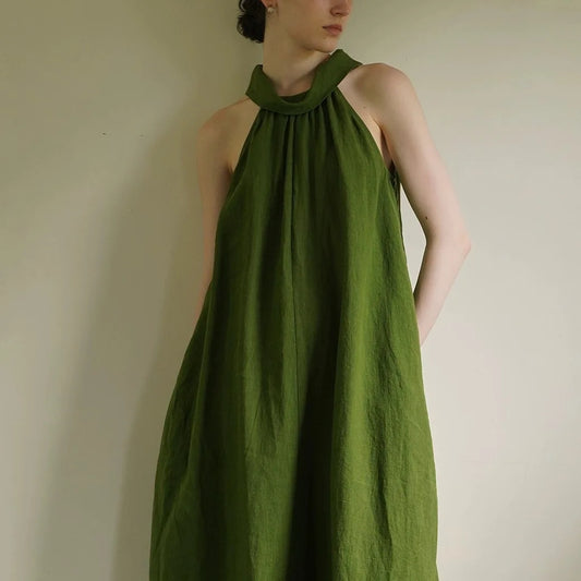 2025 Women Sleeveless Halter Dress Summer Maxi Length Style Natural Waistline Loose Straight Solid Color Casual Dress