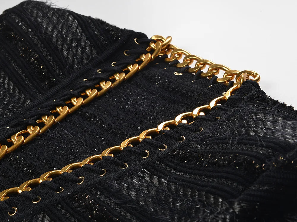 Highstreet Metal Chain Solid Autumn Lady V-neck Long Sleeve Coat Women Stylish Knits Cardigan With Halter Vest