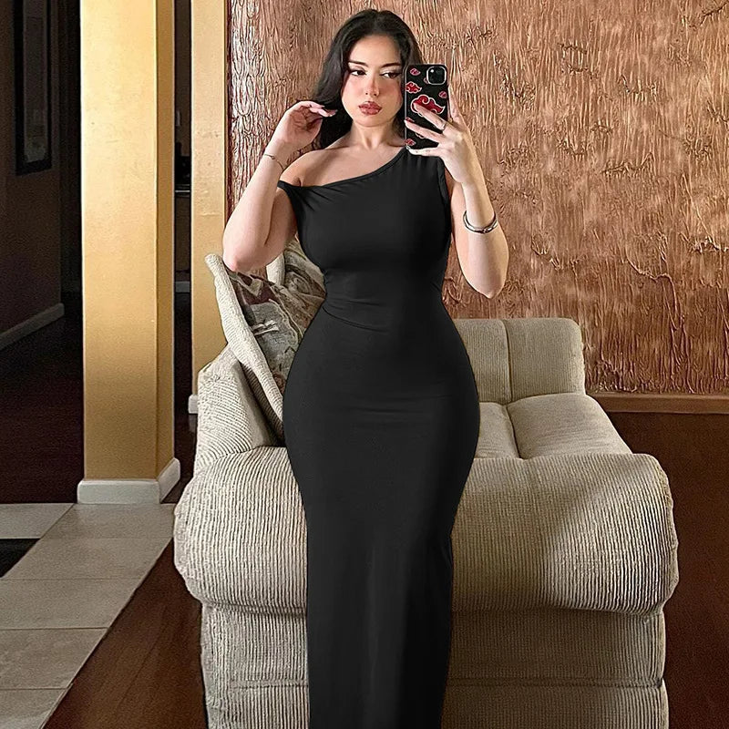 Sexy Elegant One Shoulder Dress Solid Sleeveless Split Midi Dress Evening Party Club Holiday Streetwear Women Clothes