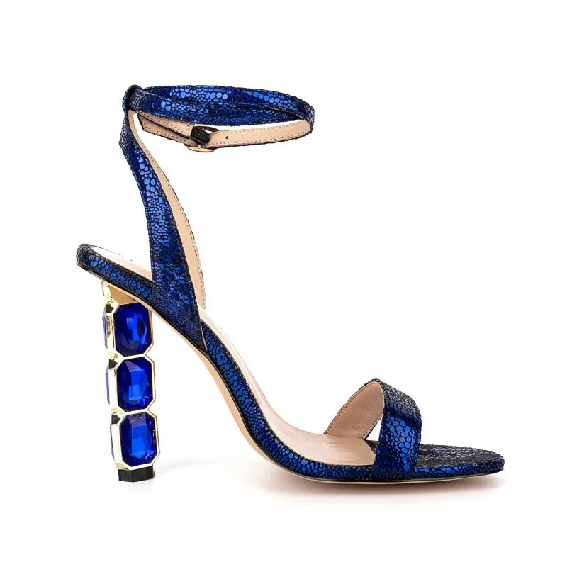 Sandalias Femme Latest Fashion Women Diamonds Heel Dress Shoes Open Toe Chunky Heel Bling Ankle Strap Heeled Sandals for Ladies