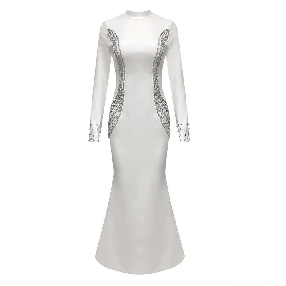 Fashion  High End Luxury Bandage Evening Dresses Women Full Sleeve Rhinestone Bodycon Formal Gown Dress