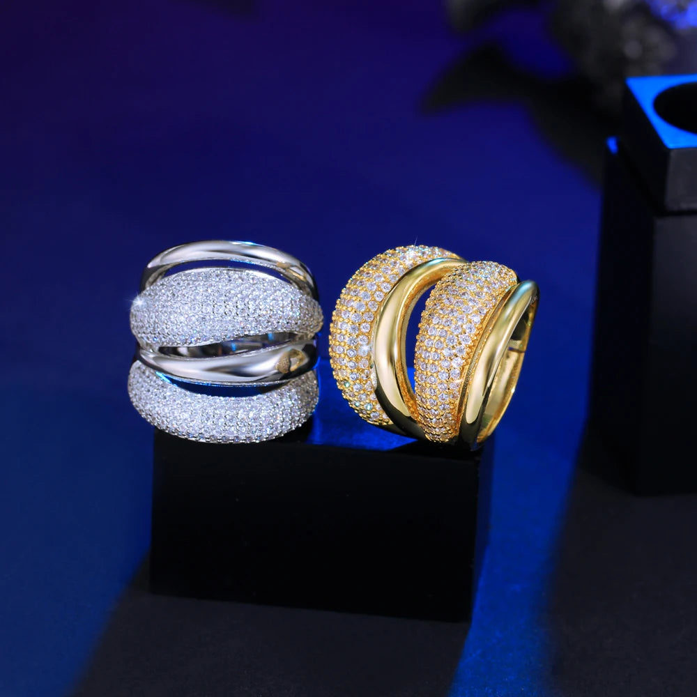 Adjustable Cubic Zircon Bold Big Statement Rings for Women Luxury 18k Gold Plated Bridal Engagement Wedding Jewelry