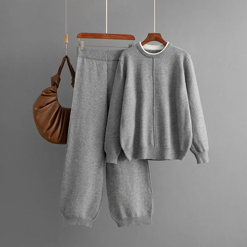 Winter Two Piece Outfit Cozy Knitted Crew Neck Pullover and Relaxed Fit Trousers Casual Fashion Clothing Set