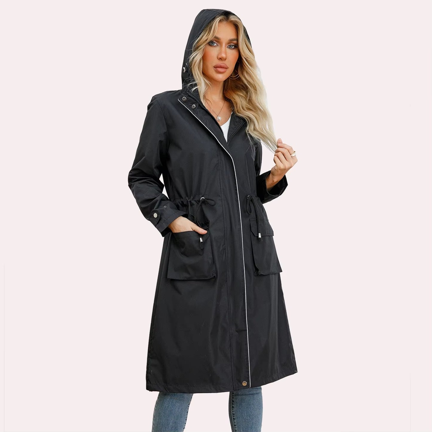 Women's Waterproof Lightweight Rain Jacket Formal Blazer-Style Windbreaker With Zipper Closure Casual Outdoor Hooded Trench Coat