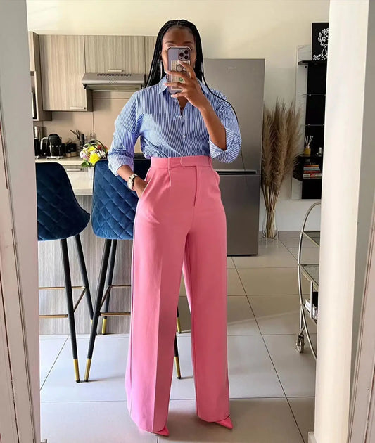 2025 Spring and Autumn Women's Lady High Waist Straight Wide Leg Casual Solid Color Trousers Female Office Pants
