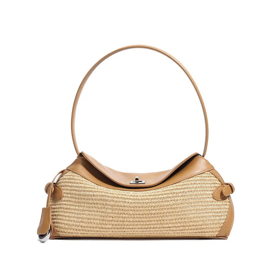 High Quality Genuine Leather Women's Handbag Casual Crossbody Sling Raffia Shoulder Bag PP Straw Fashionable Female Tote Bag