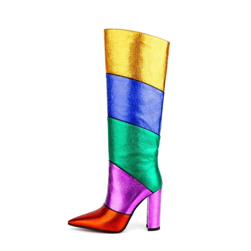 New Design Ladies Chunky Heels Rainbow Long Boots Women Colorful Pointy Toe Slip on Block Heels Mid Calf Boots