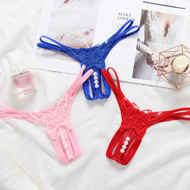 Women Embroidery Sexy Underwear Women's Transparent Temptation Pearl Massage T-Back Ultra-Thin See-through Thong