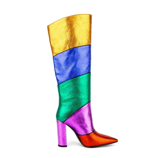 New Design Ladies Chunky Heels Rainbow Long Boots Women Colorful Pointy Toe Slip on Block Heels Mid Calf Boots