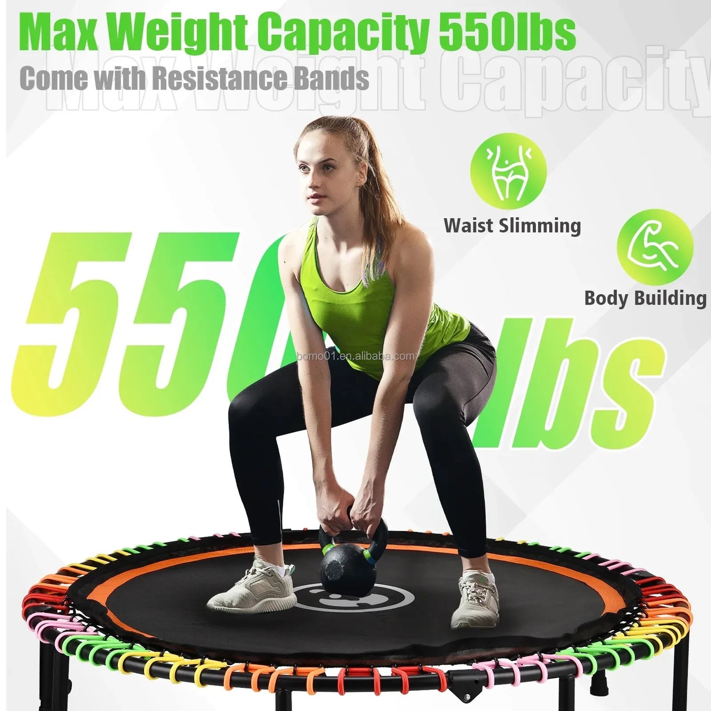 Fitness Trampoline Heavy Duty Indoor Children's Jumping Bed with Adjustable Foam Handle and Bungees