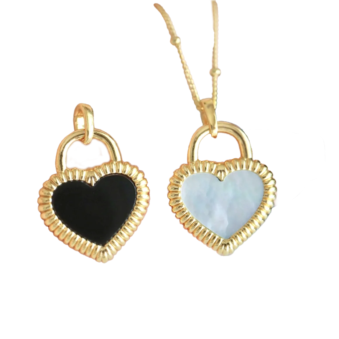 18K Real Gold Pendant for Women Double Sided Onyx & Mother Pearl Heart Gemstone Jewelry for Parties
