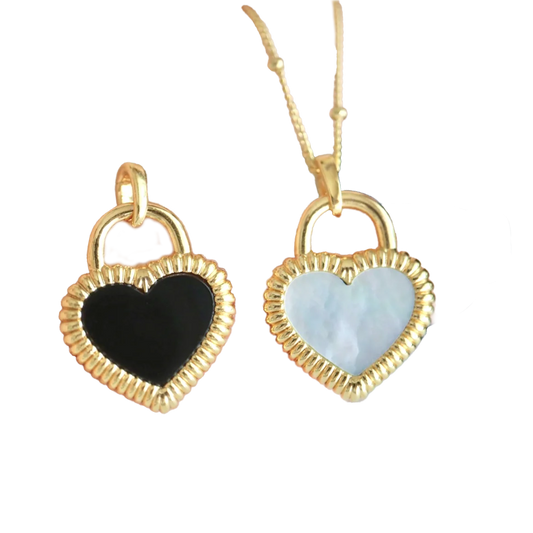 18K Real Gold Pendant for Women Double Sided Onyx & Mother Pearl Heart Gemstone Jewelry for Parties
