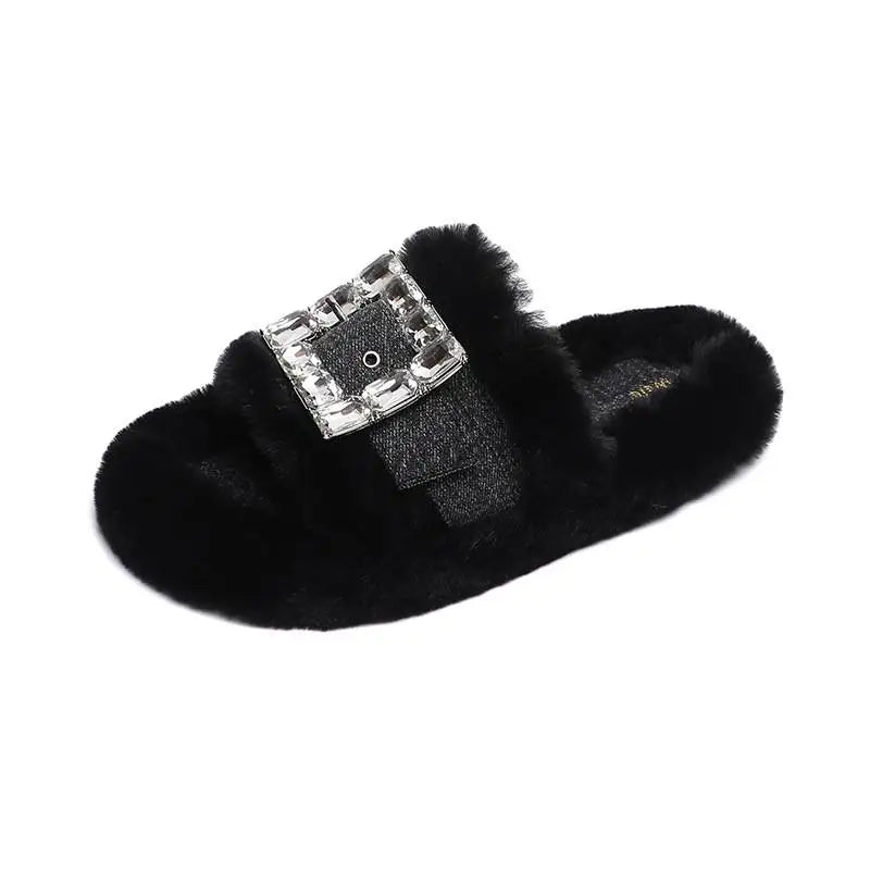 2025 Autumn/Winter Indoor Open Toe Flat Bottom Fashionable Warm Plush Slippers Female