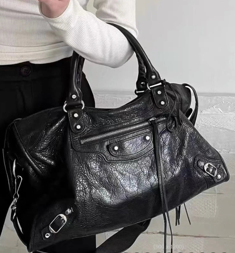 Deluxe Ladies Genuine Leather Hand Bags Purses and Handbags Designer Luxury Rivet Motorcycle Bag Purse for Women