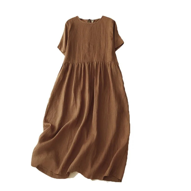 2025 Summer New Simple and Elegant Cotton Dress Artistic O-neck Short Sleeve Large Swing Long Dress
