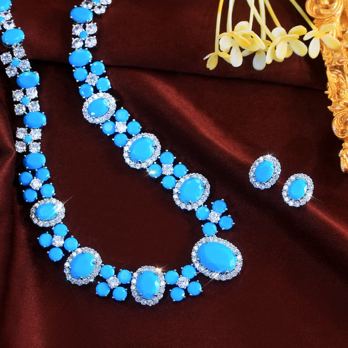 Charming Blue CZ Jewelry Set Turquoise Cubic Zirconia Oval Shaped Necklace Earrings Jewelry Set for Brides Wedding Costume Gift