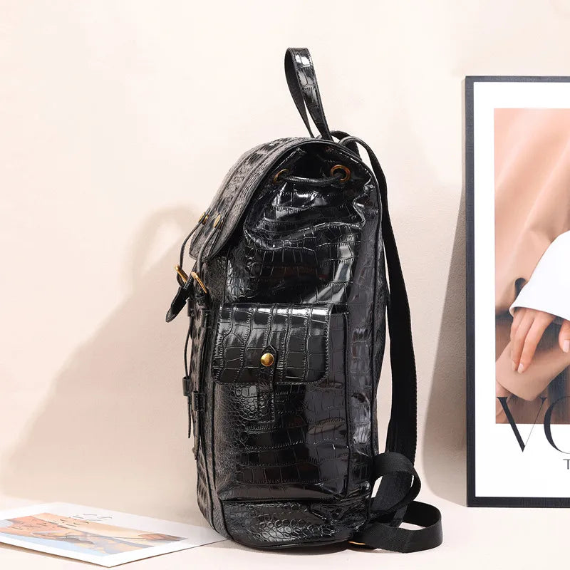 Large Capacity Crocodile Leather Unisex Backpack with Nylon Lining Zipper Closure for Male and Female Travelers and Students