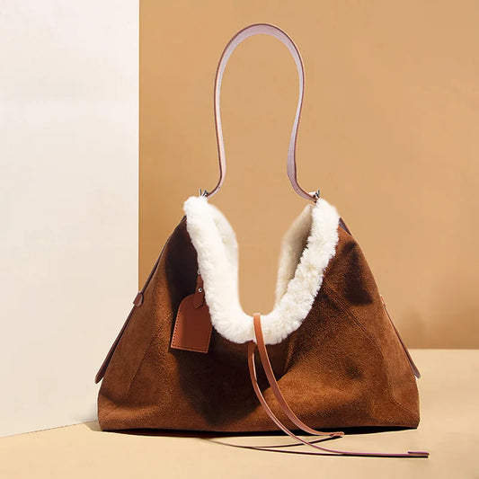 2025 Autumn Winter Women's Tote Bag Genuine Leather Suede Leather with Lamb Wool Underarm Shoulder Bag