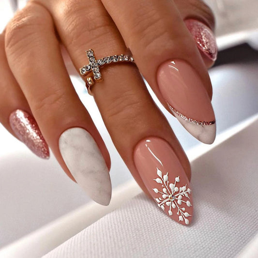 Nude Color Snowflake Designs Handmade Gel Nail Polish Set Christmas Artificial Fingernails Press on Nail French Tips