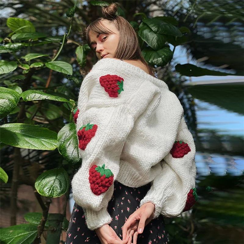 Strawberry Embroidery Cropped Sweater for Women Knit Cardigan Female Winter Autumn Long Sleeve Loose Flower Sweater