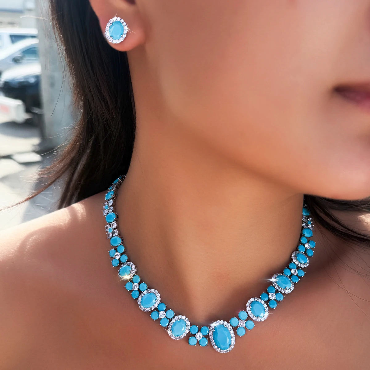 Charming Blue CZ Jewelry Set Turquoise Cubic Zirconia Oval Shaped Necklace Earrings Jewelry Set for Brides Wedding Costume Gift