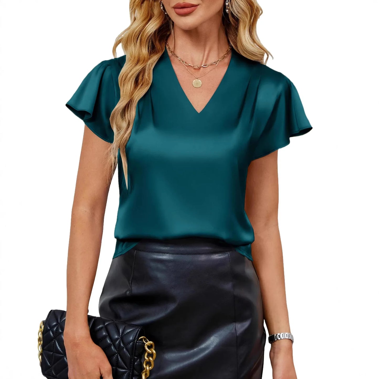2026 Summer New V-neck Satin Shirt, Pleated, Loose, Short-Sleeved Top, Short-Sleeved
