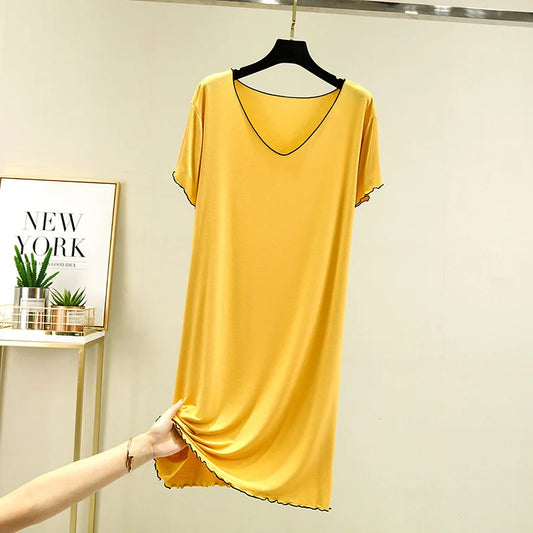 2025 Fall Summer Spring Collection Hot Sale Ladies' Girls' Sleeping Dress Short Sleeved Large V-Neck Loose Lace Pure Color Knitted