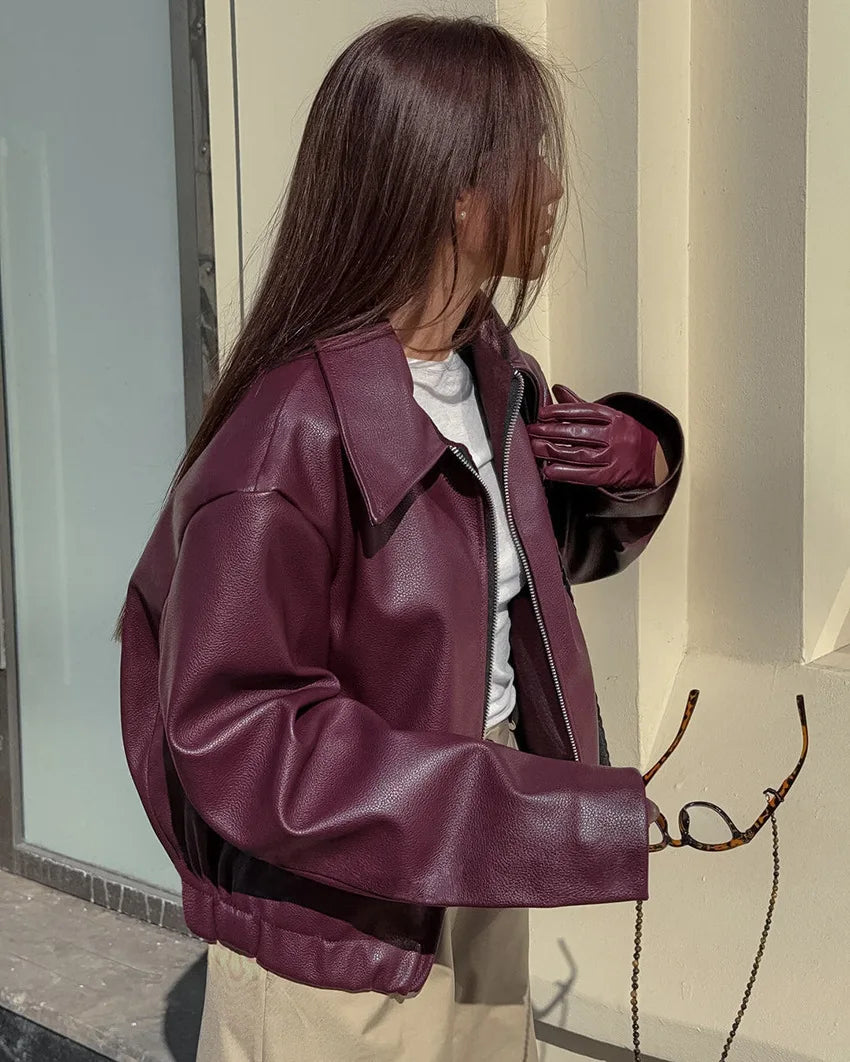 2025 Women's Spring and Autumn Vintage Motorcycle Popular Style Fashion Matte Leather  Zipper Jacket Coat