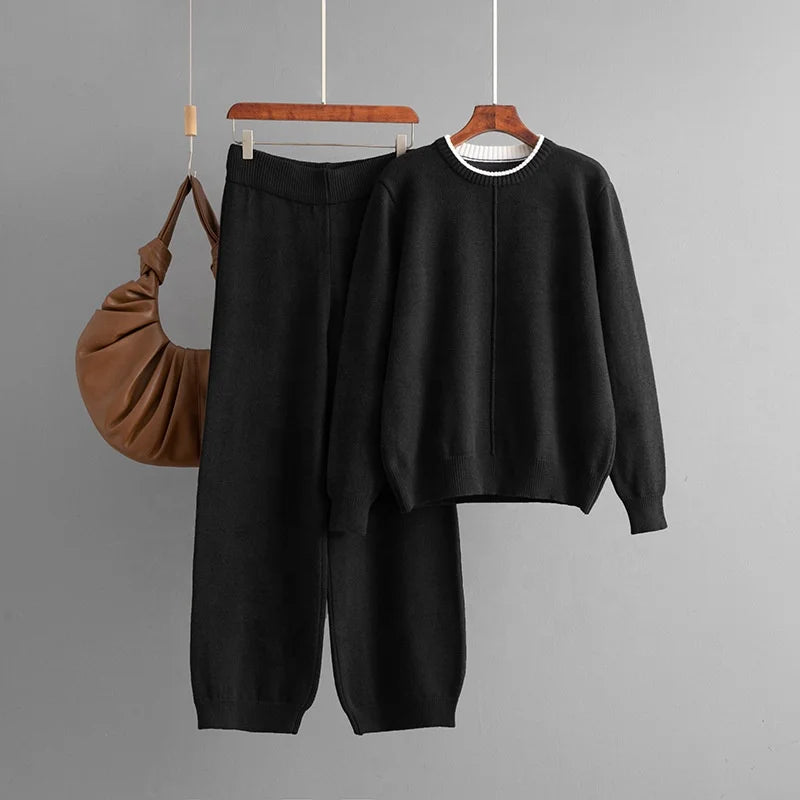 Winter Two Piece Outfit Cozy Knitted Crew Neck Pullover and Relaxed Fit Trousers Casual Fashion Clothing Set