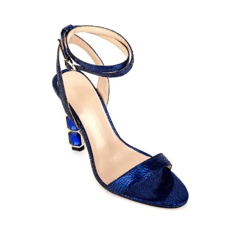 Sandalias Femme Latest Fashion Women Diamonds Heel Dress Shoes Open Toe Chunky Heel Bling Ankle Strap Heeled Sandals for Ladies
