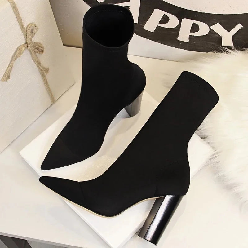 MId-Calf Stretch Sock Elastic Material Chunky Heel Boots Women Booties